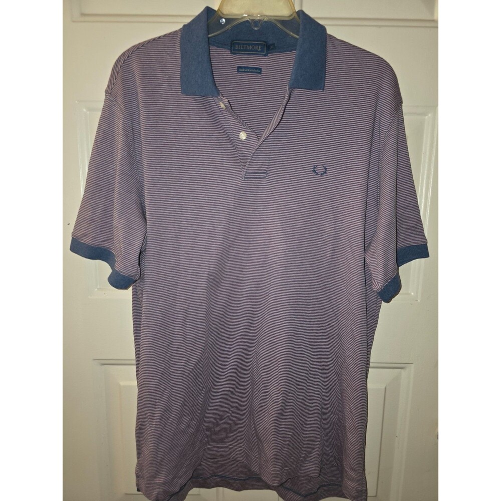 Biltmore Men’s Medium Blue Stripe Button-Up Collared Polo Cotton Shirt